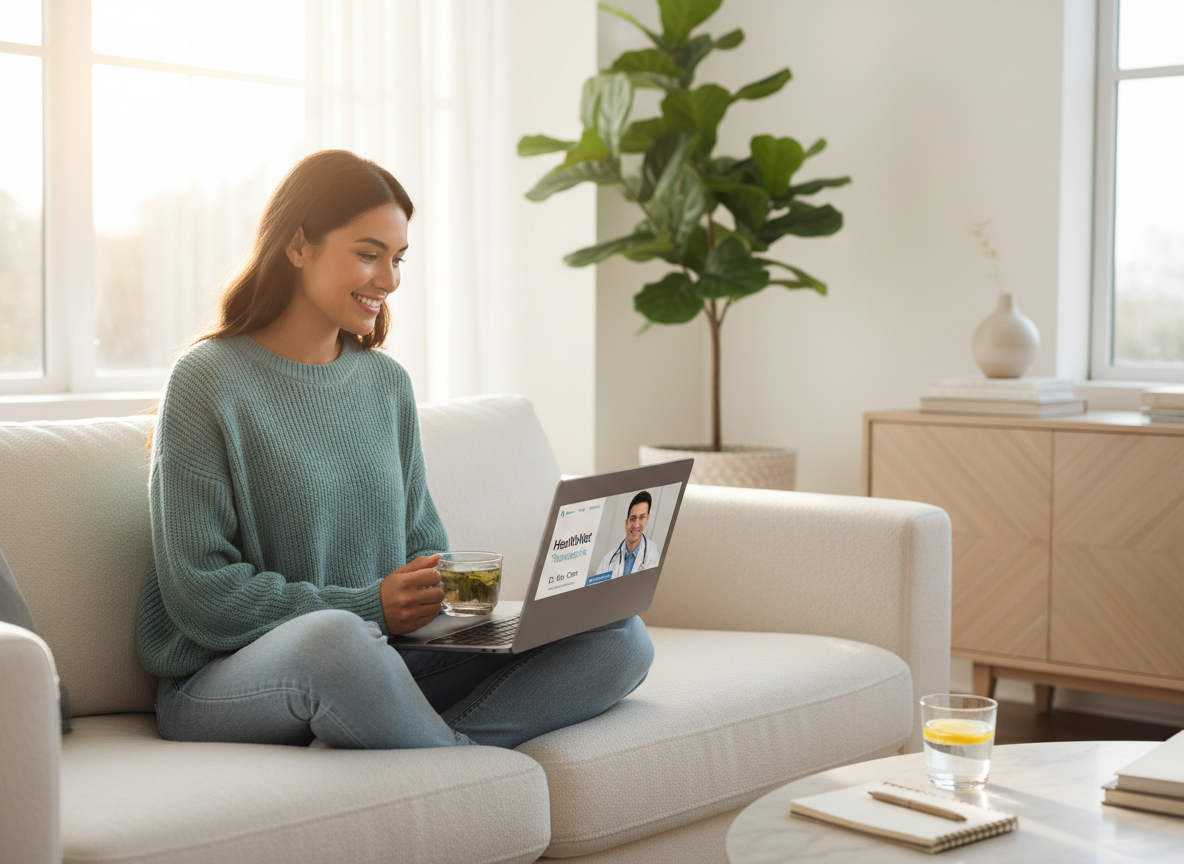 A warm, professional telemedicine scene showing a woman sitting comfortably at home on a video call with a doctor on her laptop. She looks relaxed and engaged. Soft, natural lighting. Clean, modern home environment. Health and wellness atmosphere.