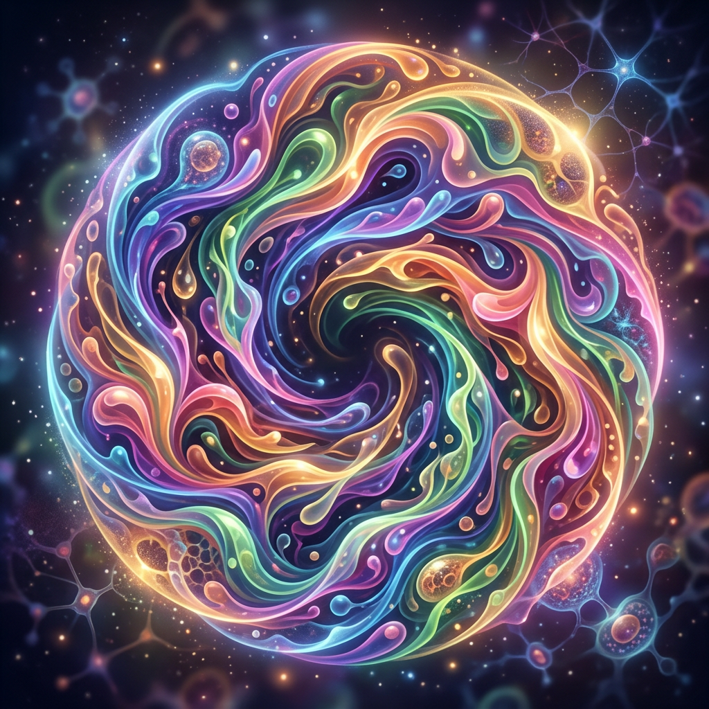 Swirling circular pattern with colorful fluid-like shapes and glowing cells