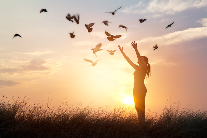 Silhouette of a woman with outstretched arms amidst flying birds at sunset.